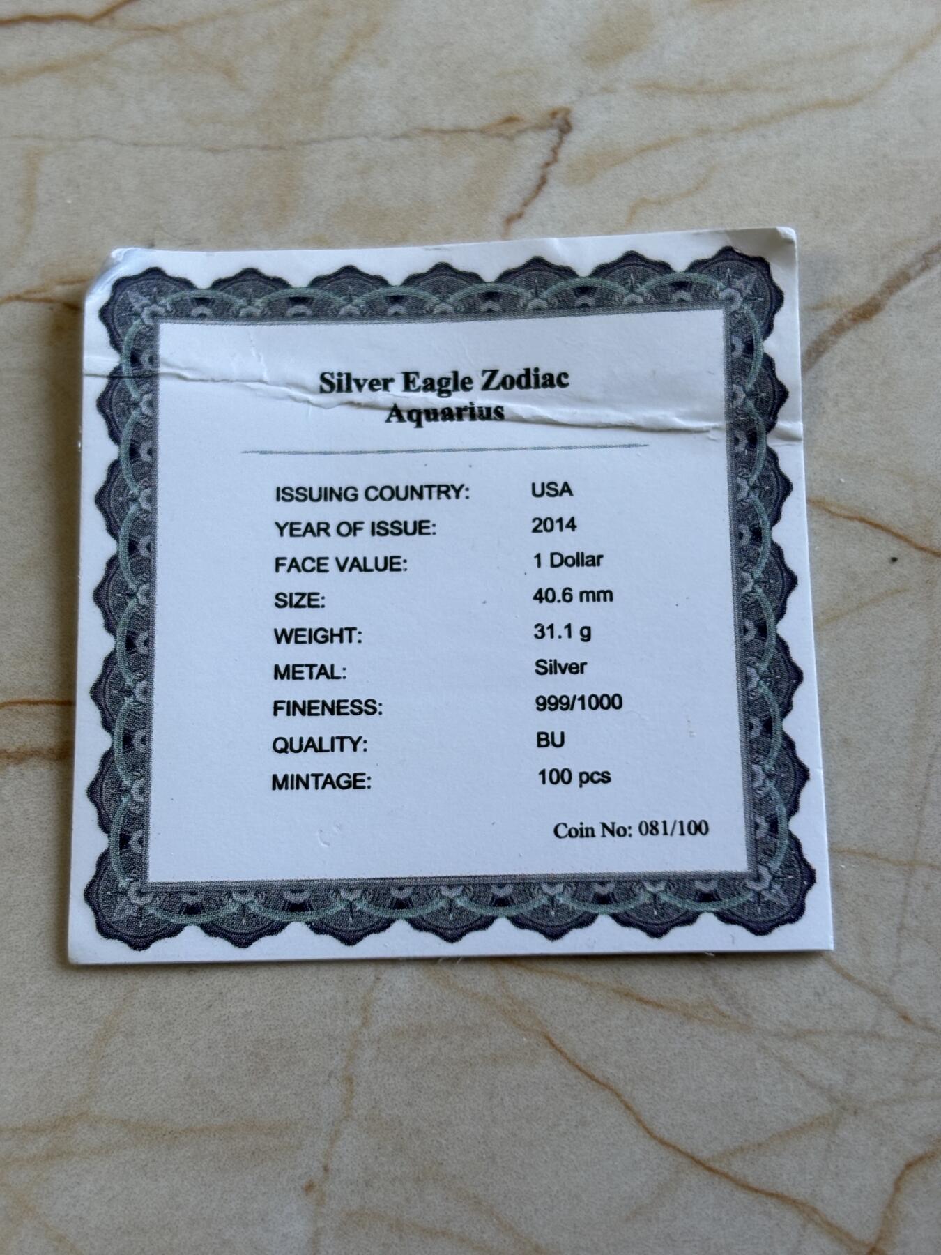 第193期拍卖 美国2014年鹰洋行走女神呢水瓶座1盎司纪念彩银币带证书，999银，发行100枚