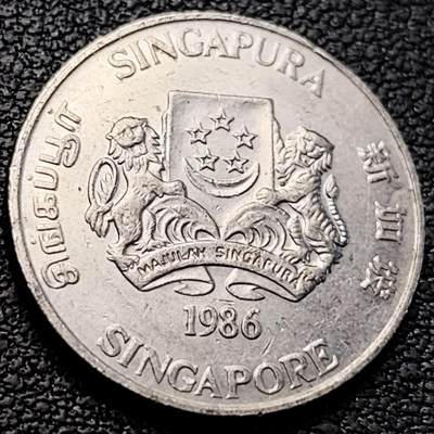 泉币菌-第205场-拍品多 请提前出价 - 1986 高币值 新加坡20分 绒球花 高盾徽版 直径21.36mm