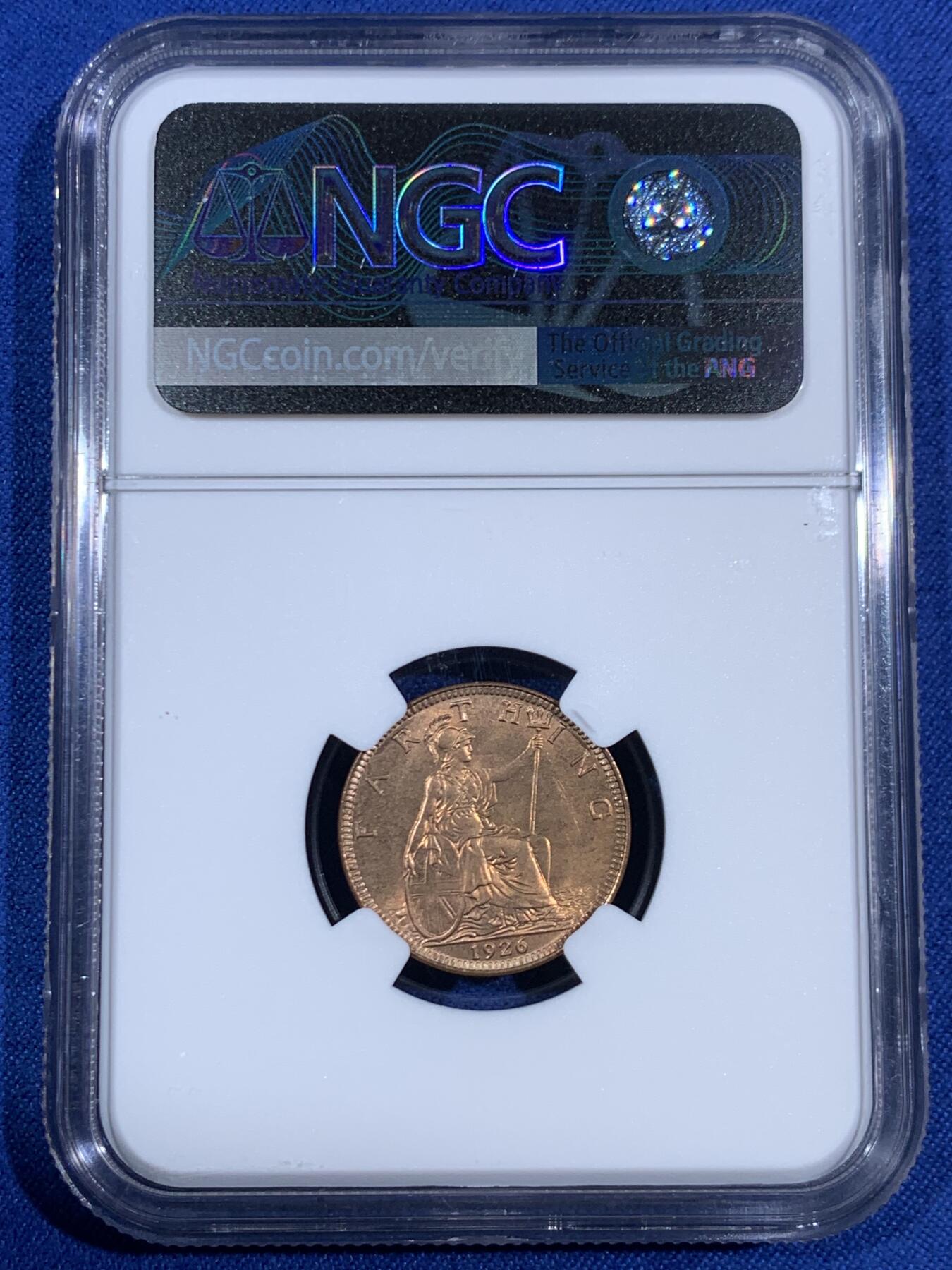 《竞宝斋》第468场 周日，周一 2场连拍 （全场包邮）欢迎送拍 NGC MS65RB 英国1926年乔治五世国王1法新，1/4便士铜币。第三版头像 相较前两版对于细节的营造更为清晰，整体更加工整。高分难得，但是实际状态严评送pc大概率给red的品相，分数或可更高。