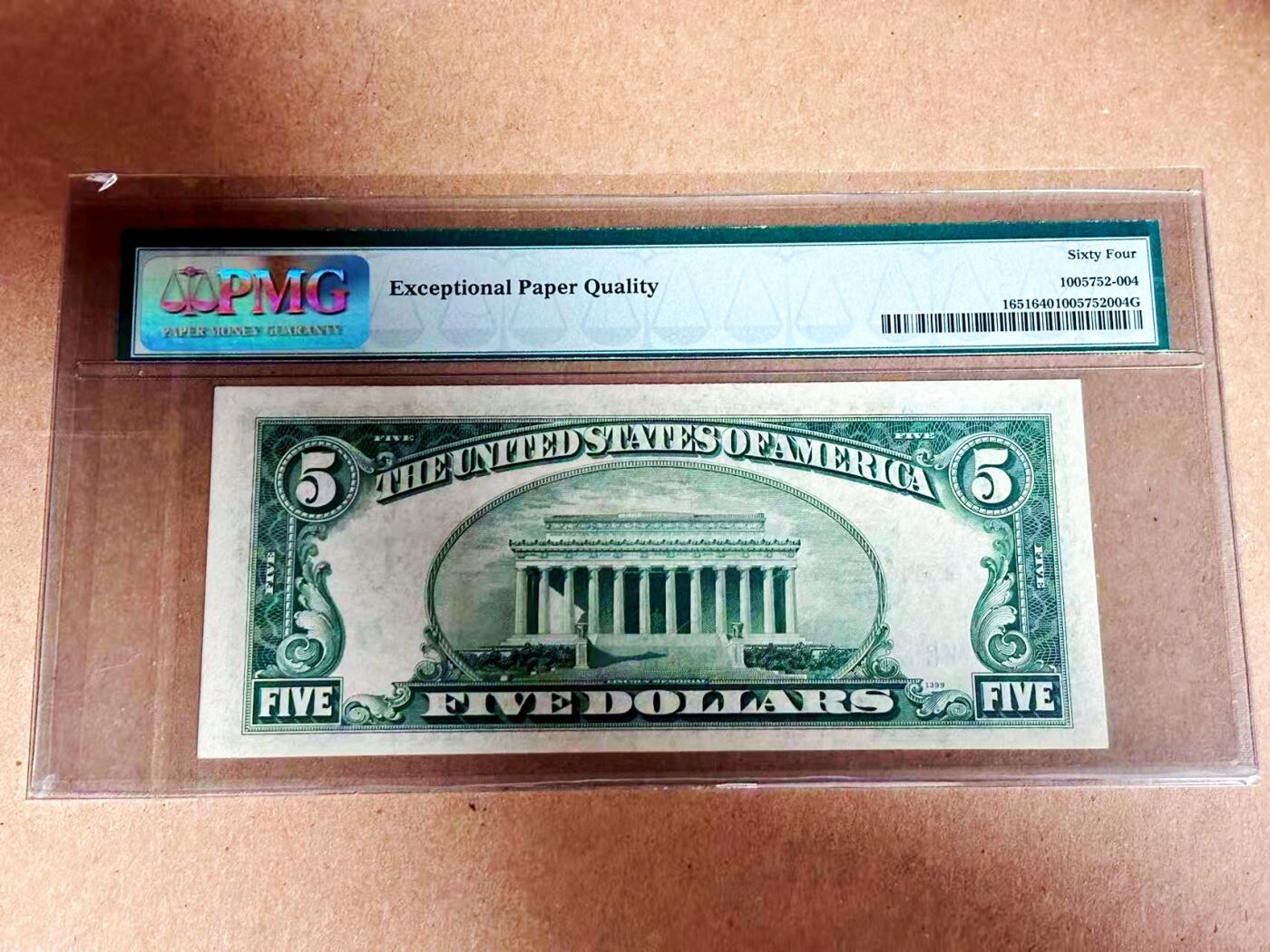 【Blue Auction】世界纸币精拍第792期——18级TOP拍卖/信誉/品质/专业/高效💫 【66尾无47 最老的壳子EPQ在背面】美国 1934年5美金 PMG64EPQ 北非券 老壳
