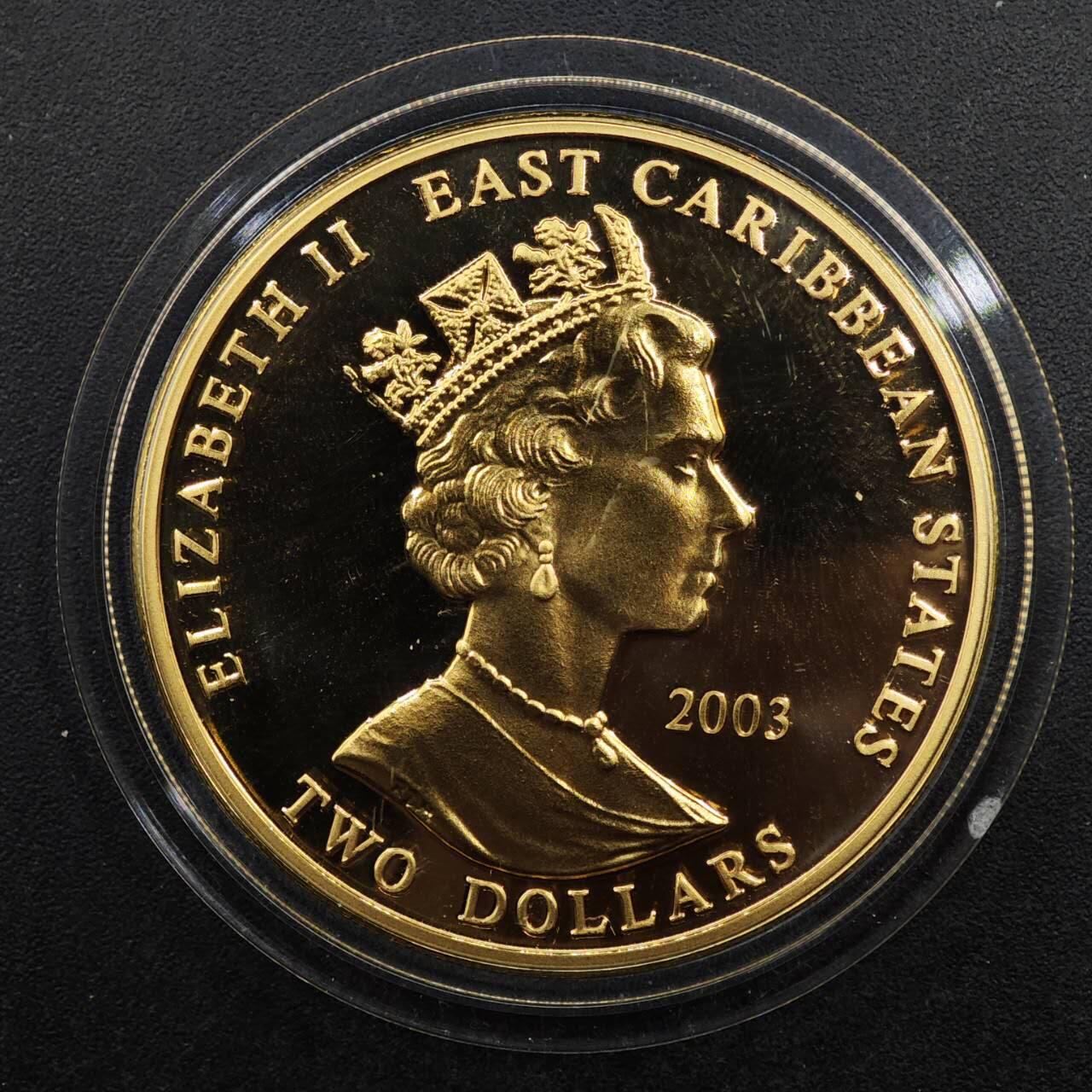  【淘币小摊】限时拍第八百七十八拍   克朗币邮币封场    每周一统一发货 东加勒比2003年丘吉尔2元镀金纪念币