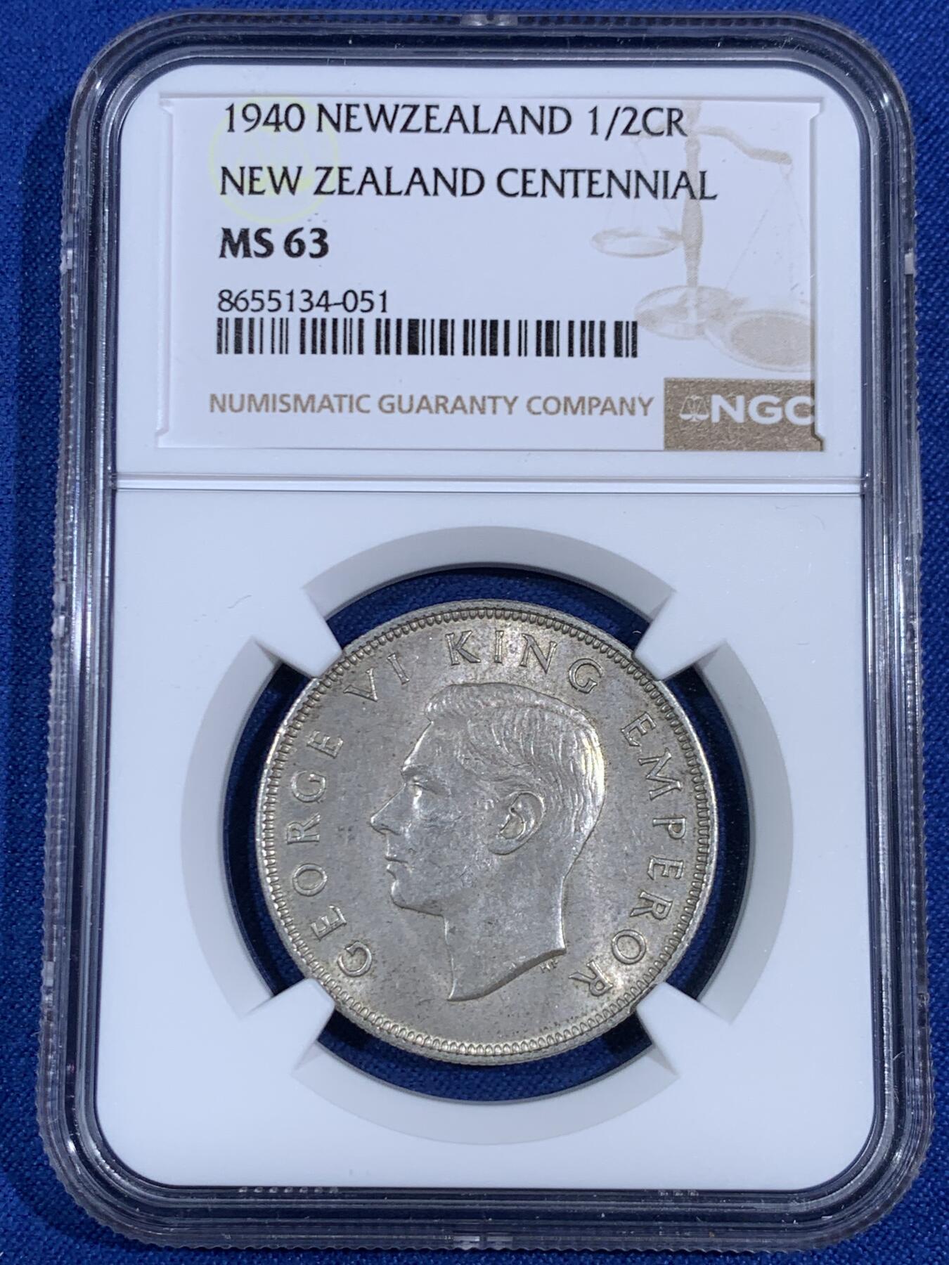 《竞宝斋》第468场 周日，周一 2场连拍 （全场包邮）欢迎送拍 NGC MS63 新西兰建国百年纪念1/2克朗银币 好品不是很常见的品种 整体细节光度都很不错