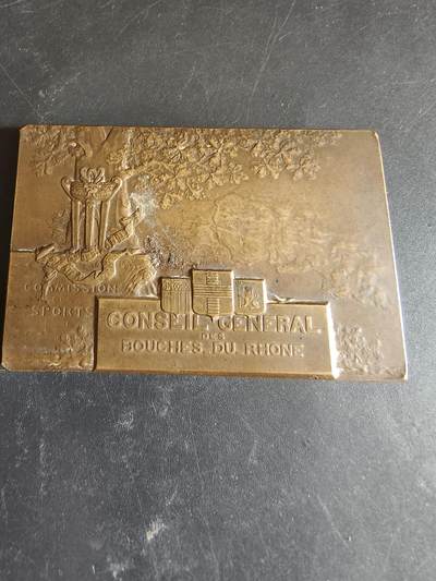 老王徽章第186期 - 法国罗讷河口省议会体育委员会纪念碑方形大铜章     尺寸68×44mm     重量91.1g