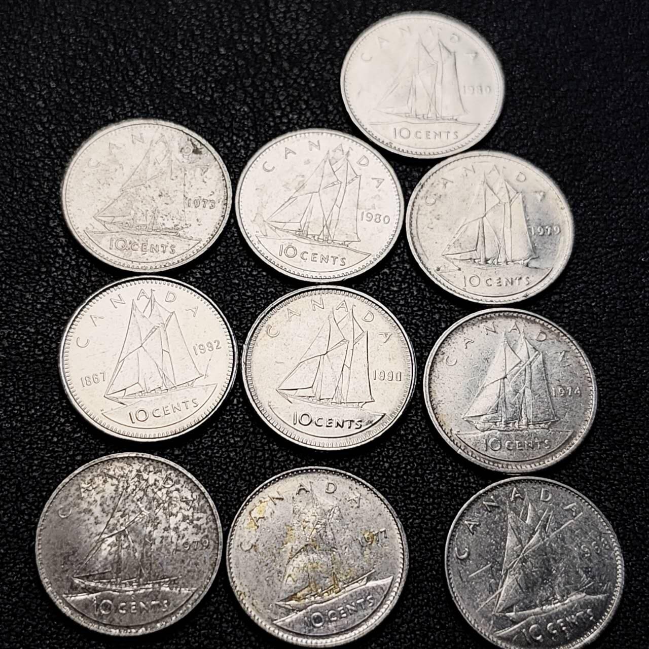 泉币菌-第205场-拍品多 请提前出价 10枚 高币值一组 加拿大10分镍币 帆船 伊丽莎白二世 混合年份 未挑