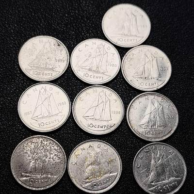 泉币菌-第205场-拍品多 请提前出价 - 10枚 高币值一组 加拿大10分镍币 帆船 伊丽莎白二世 混合年份 未挑