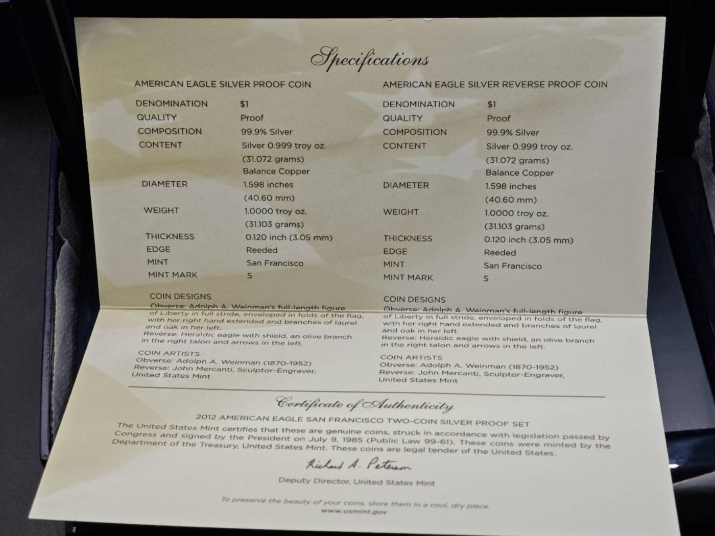 【淘币小摊】实时拍第八百七十九拍   银币套币场    每周一统一发货 美国2012年行走鹰洋一盎司银币精制-反精制2枚套原盒原证