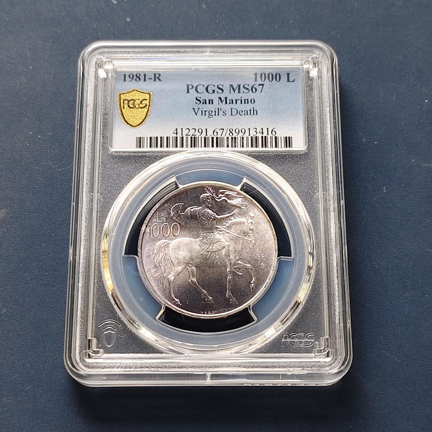 【全场包邮】纯粹捡漏拍511场 【收藏级·冠军分】圣马力诺1981年1000里拉古罗马诗人维吉尔逝世2000周年埃涅阿斯纪纪念银币【31.4毫米14.6克83.5%】-PCGS MS67