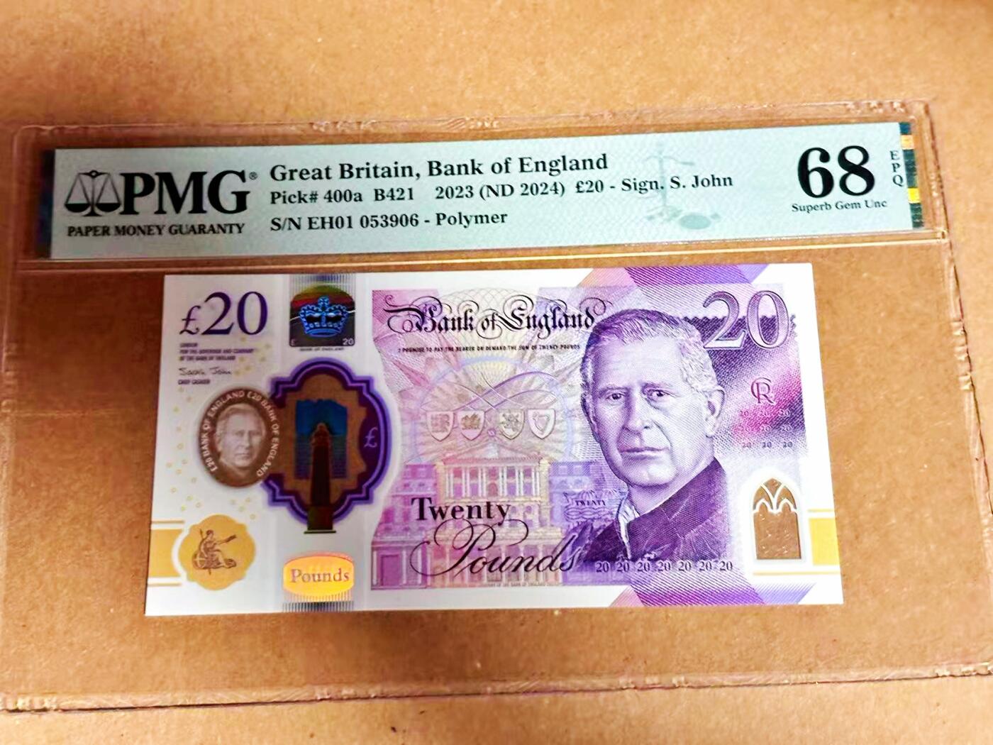 【Blue Auction】世界纸币精拍第792期——18级TOP拍卖/信誉/品质/专业/高效💫 【EH01首发冠 无47】英国 2023年20镑 PMG68EPQ 高分