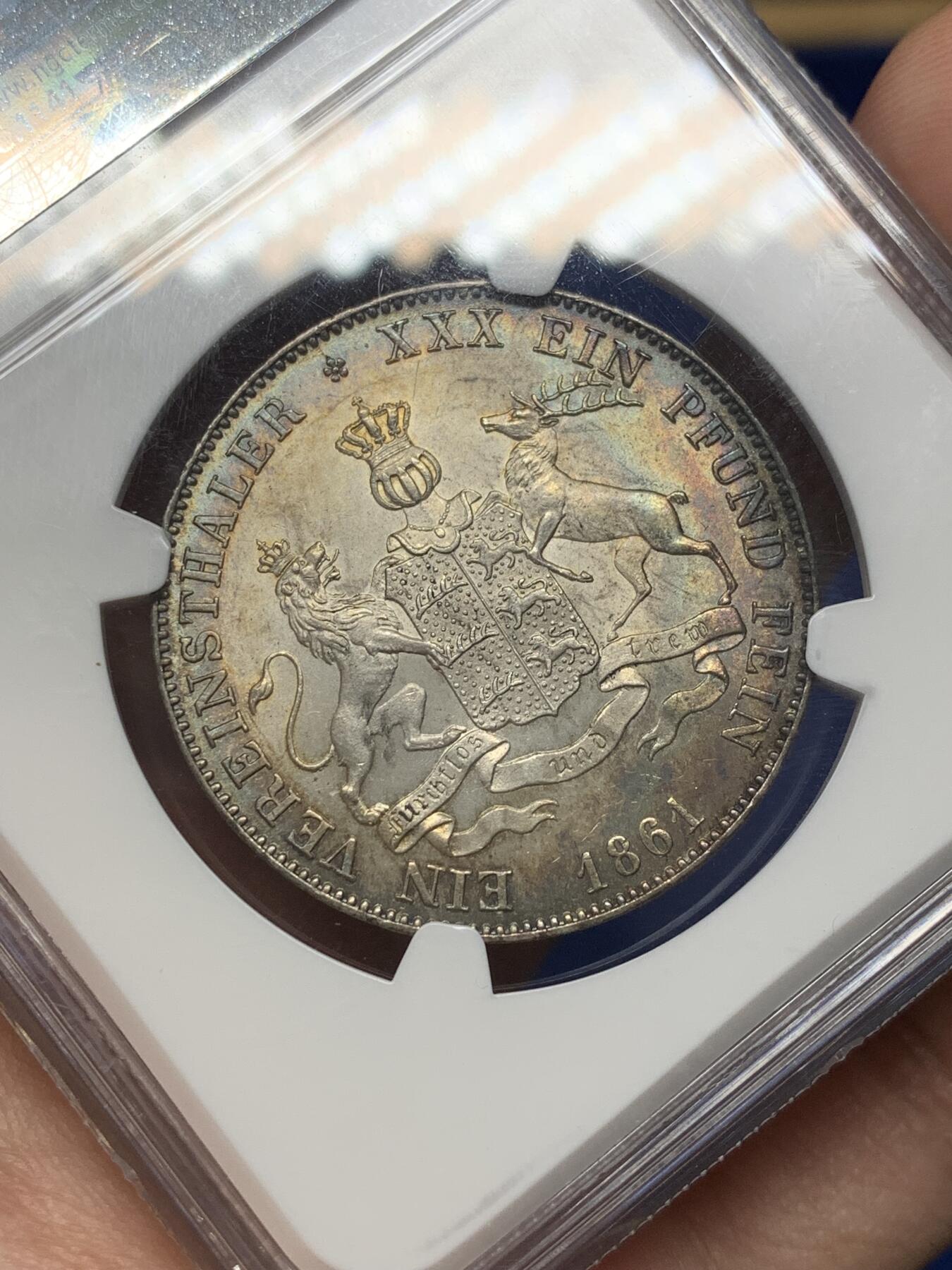 《竞宝斋》第468场 周日，周一 2场连拍 （全场包邮）欢迎送拍 NGC MS63 德国1861年符腾堡狮鹿1泰勒 ngc老标签严评，原味环五彩，灿若星河的包浆，搭配狮鹿的题材，观感超越分数