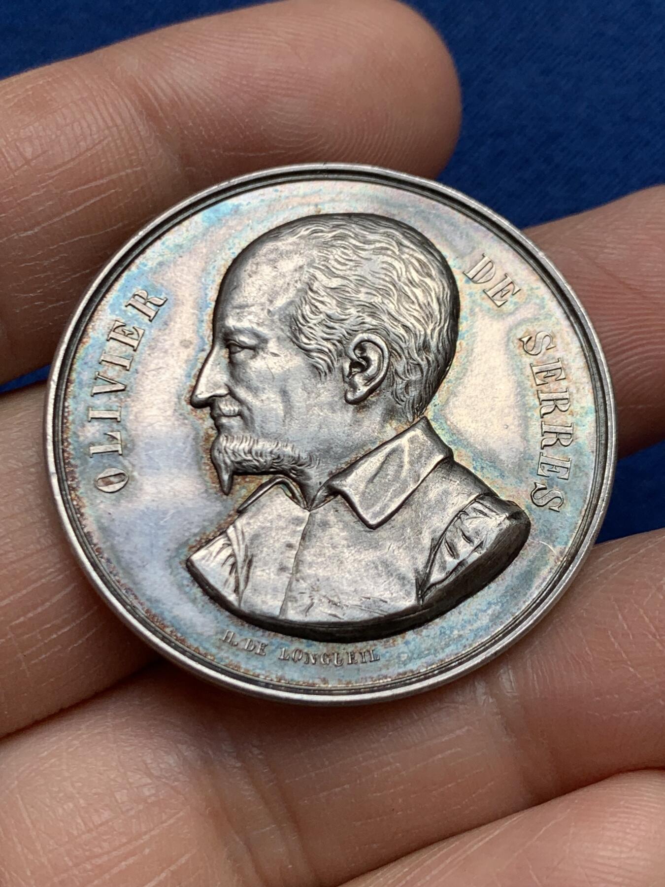 《竞宝斋》第468场 周日，周一 2场连拍 （全场包邮）欢迎送拍 法国农业之父银质纪念章 22.2克 36.2mm 丰饶角银标