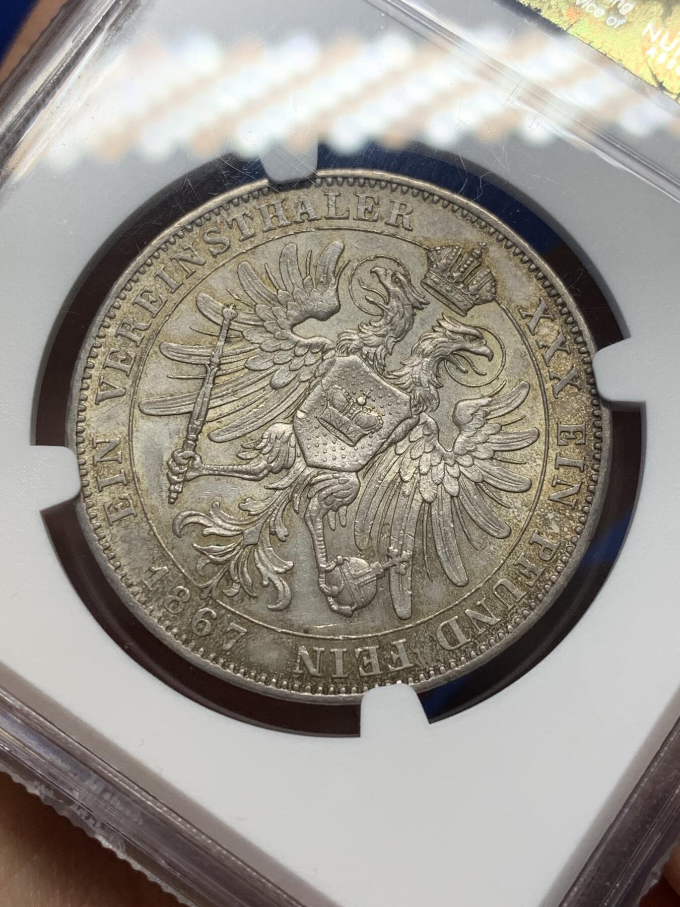 《竞宝斋》第468场 周日，周一 2场连拍 （全场包邮）欢迎送拍 NGC AU58 德国 1867年 施瓦茨堡-鲁多尔施塔特亲王国1泰勒银币 发行量仅13000枚 淡灰包浆 背面标准ms略低评