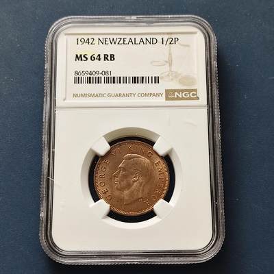 【全场包邮】纯粹捡漏拍511场 - 新西兰1942年乔治六世半便士铜币-NGC MS64 RB
