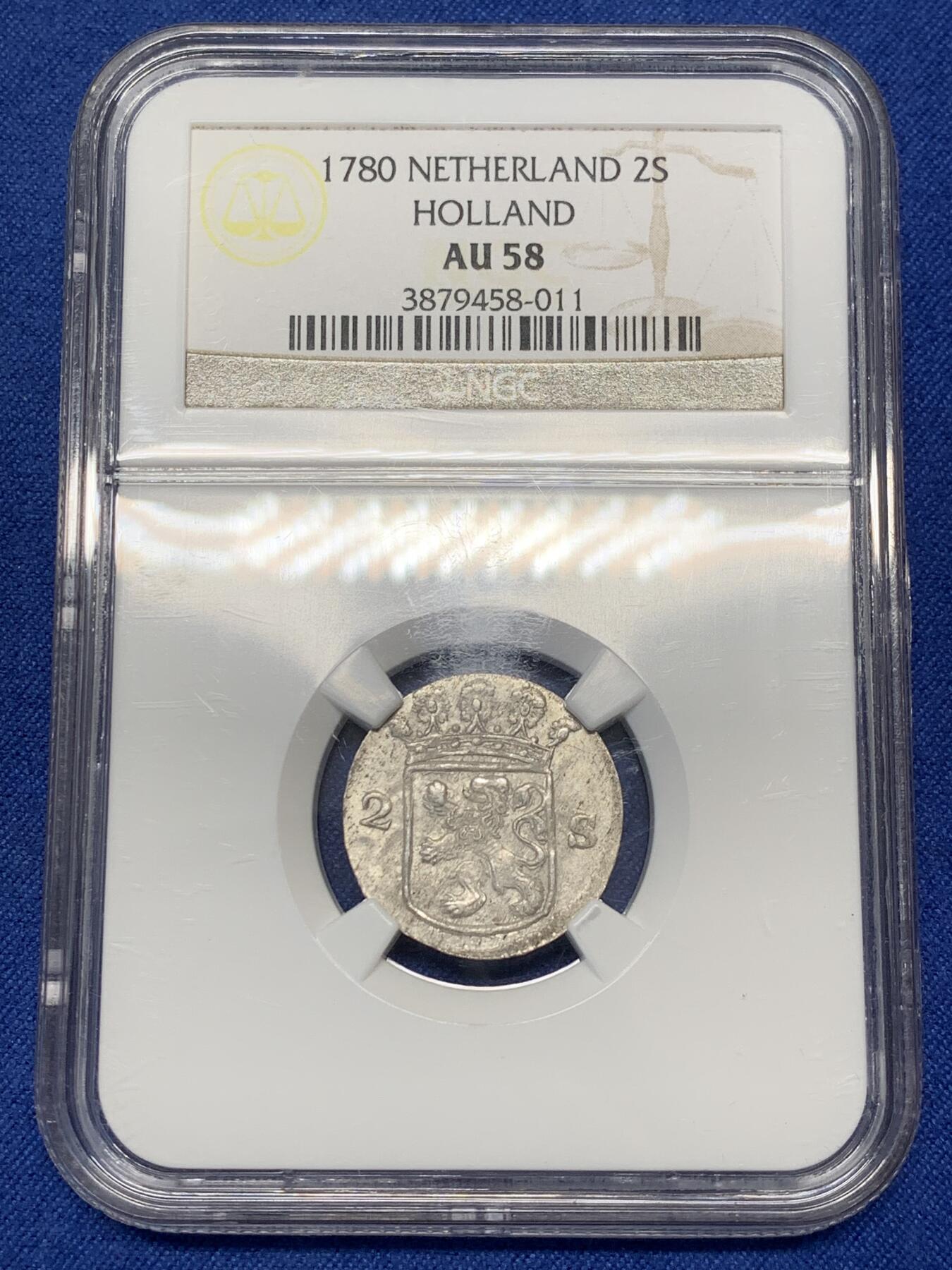 《竞宝斋》第468场 周日，周一 2场连拍 （全场包邮）欢迎送拍 NGC AU58 荷兰1780年2s银币 购自欧洲老藏家 打制深峻完整 老盒严评