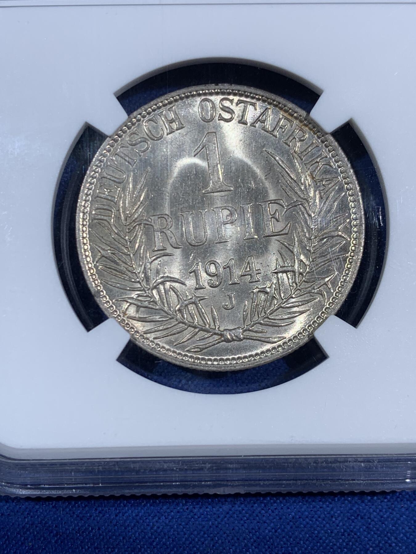 《竞宝斋》第468场 周日，周一 2场连拍 （全场包邮）欢迎送拍 NGC MS61 德国1914年德属东非1卢比面值版 光度非常好，疑似低评