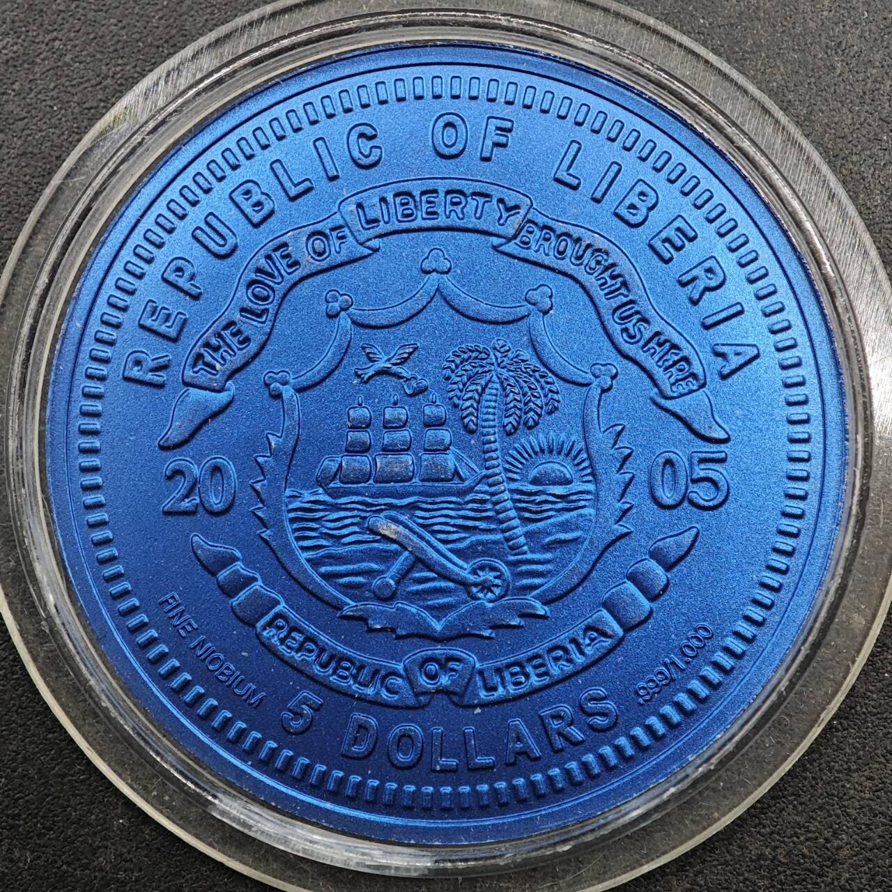 【淘币小摊】实时拍第八百七十九拍   银币套币场    每周一统一发货 利比里亚2005年5元蓝铌部分镀金纪念币 欧元发行10周年-比利时 7.78克铌