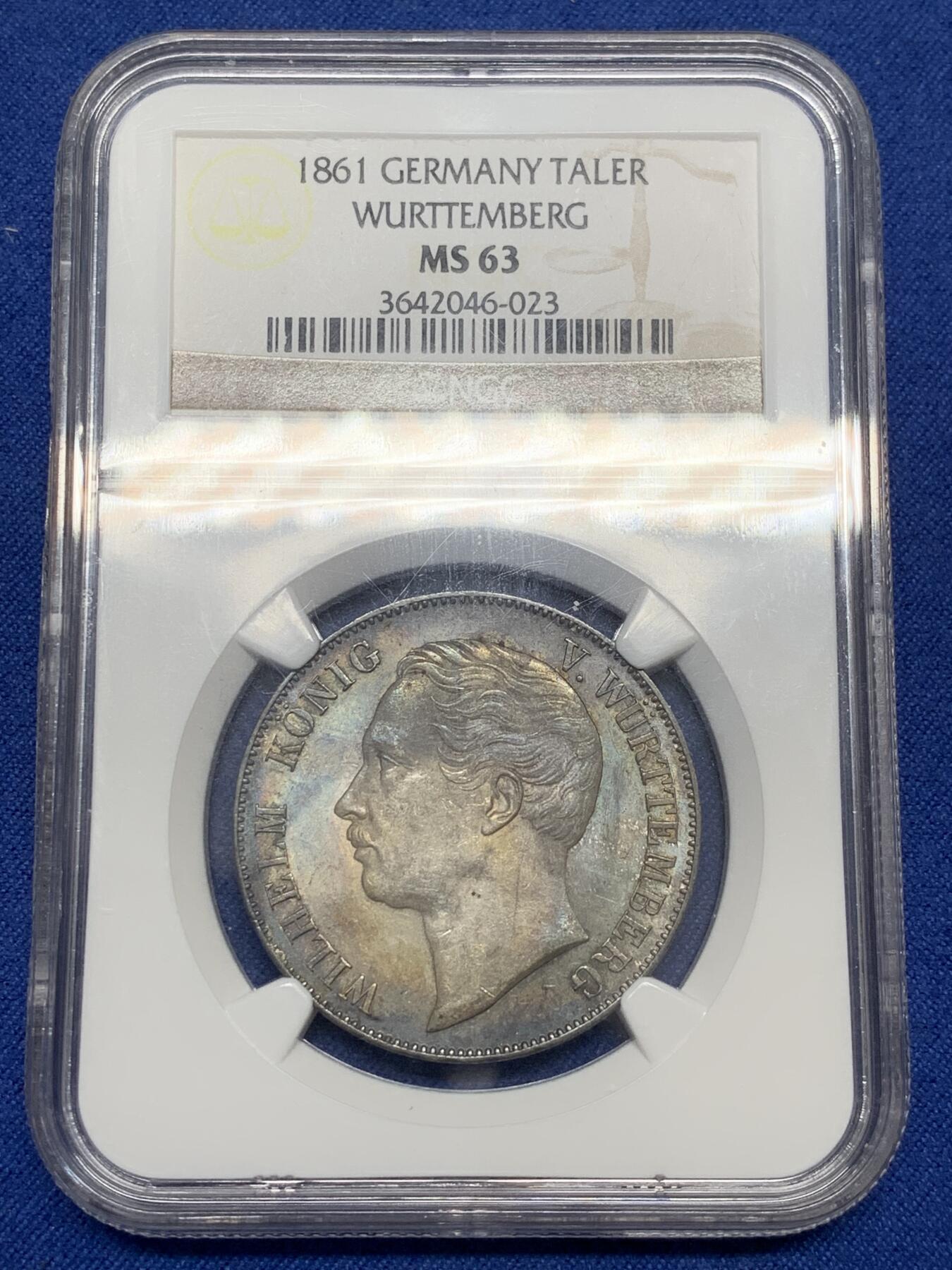 《竞宝斋》第468场 周日，周一 2场连拍 （全场包邮）欢迎送拍 NGC MS63 德国1861年符腾堡狮鹿1泰勒 ngc老标签严评，原味环五彩，灿若星河的包浆，搭配狮鹿的题材，观感超越分数