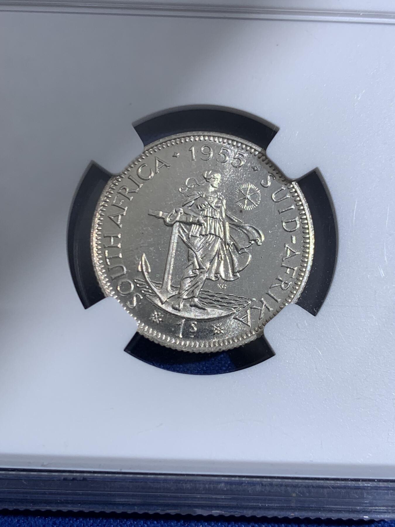 《竞宝斋》第468场 周日，周一 2场连拍 （全场包邮）欢迎送拍 NGC PF65 南非1955年1先令精制银币