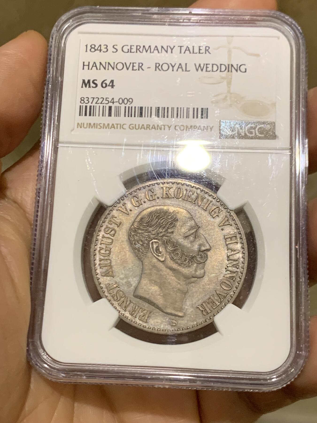 《竞宝斋》第468场 周日，周一 2场连拍 （全场包邮）欢迎送拍 亚军分 NGC MS64 德国 1843 汉诺威王家婚礼纪念泰勒 发行量仅1010枚 可遇不可求的品种 更高分仅一枚