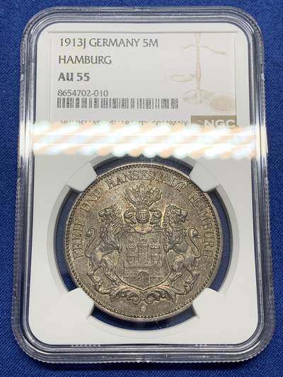 《竞宝斋》第468场 周日，周一 2场连拍 （全场包邮）欢迎送拍 - NGC AU55 德国1913年汉堡-双狮5马克银币
