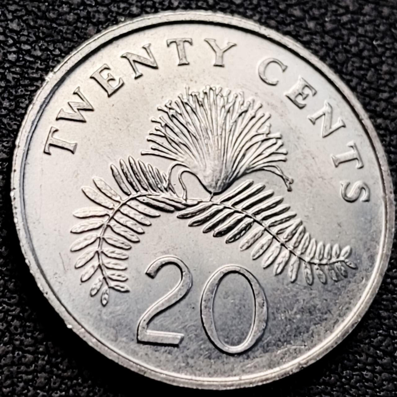 泉币菌-第205场-拍品多 请提前出价 1990 高币值 新加坡20分 绒球花 高盾徽版 直径21.36mm