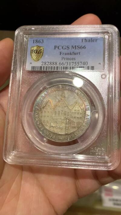 《竞宝斋》第468场 周日，周一 2场连拍 （全场包邮）欢迎送拍 PCGS MS66 德国 德意志 1泰勒 Frankfurt法兰克福 Thun.147 KM#0372 1863年 王子泰勒 欧洲五彩包浆 顶级品相