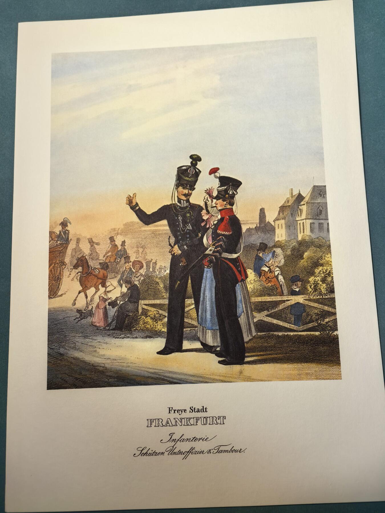 盛世勋华——号角文化勋章邮票专场拍卖第308期 大尺寸手绘图卡 法兰克福自由市轻步兵 大A4尺寸 翻印自1848年出版《德意志陆军》一书