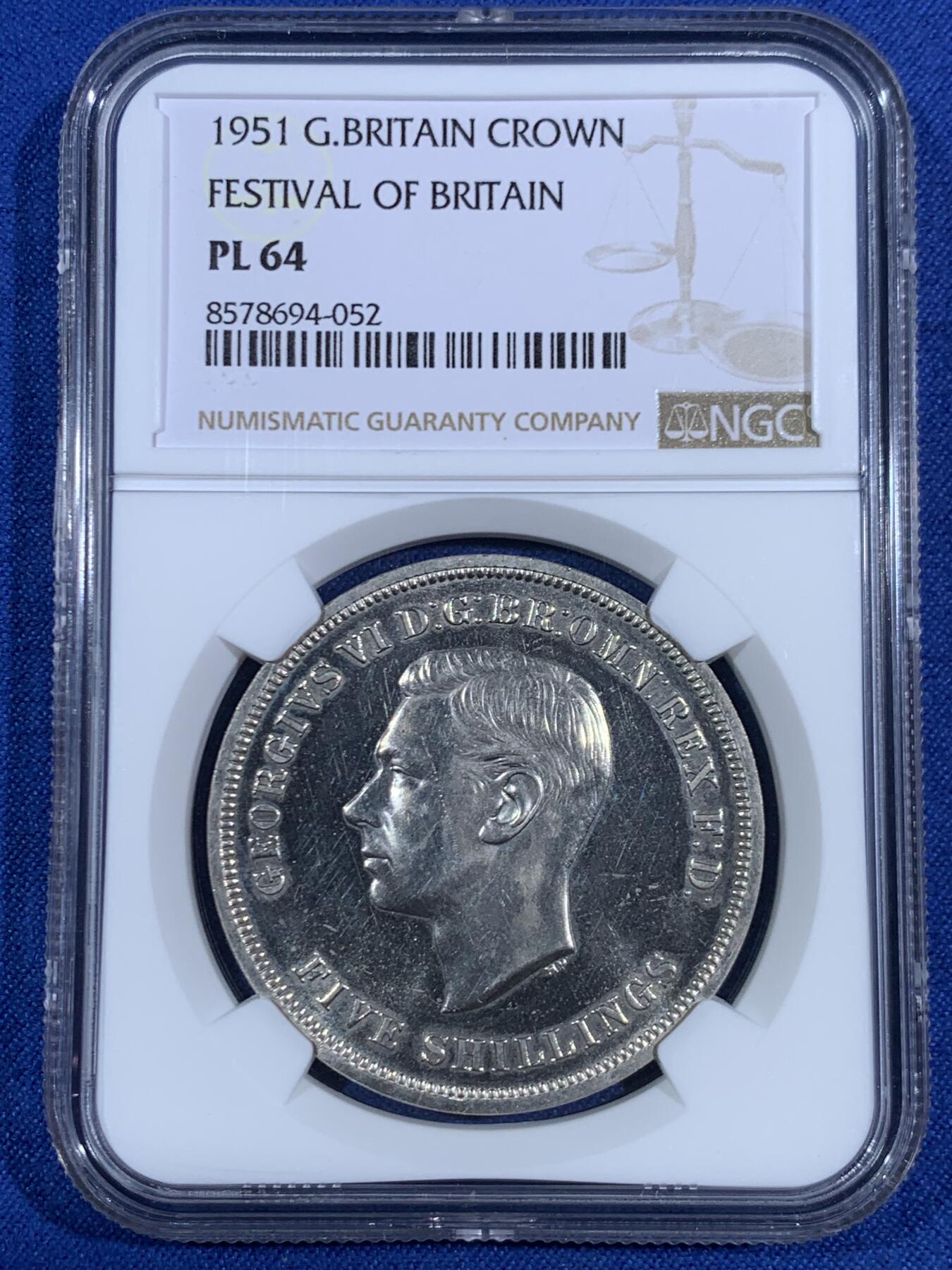 《竞宝斋》第468场 周日，周一 2场连拍 （全场包邮）欢迎送拍 NGC PL64 英国1951年乔六马剑，最后的马剑克朗镍币