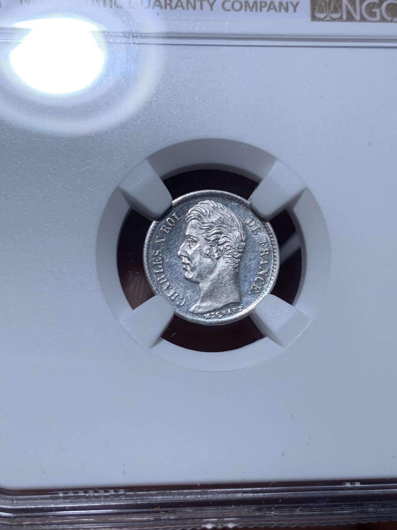 《竞宝斋》第468场 周日，周一 2场连拍 （全场包邮）欢迎送拍 NGC MS63 法国1827年查理十世1/4法郎银辅币 原光少见品