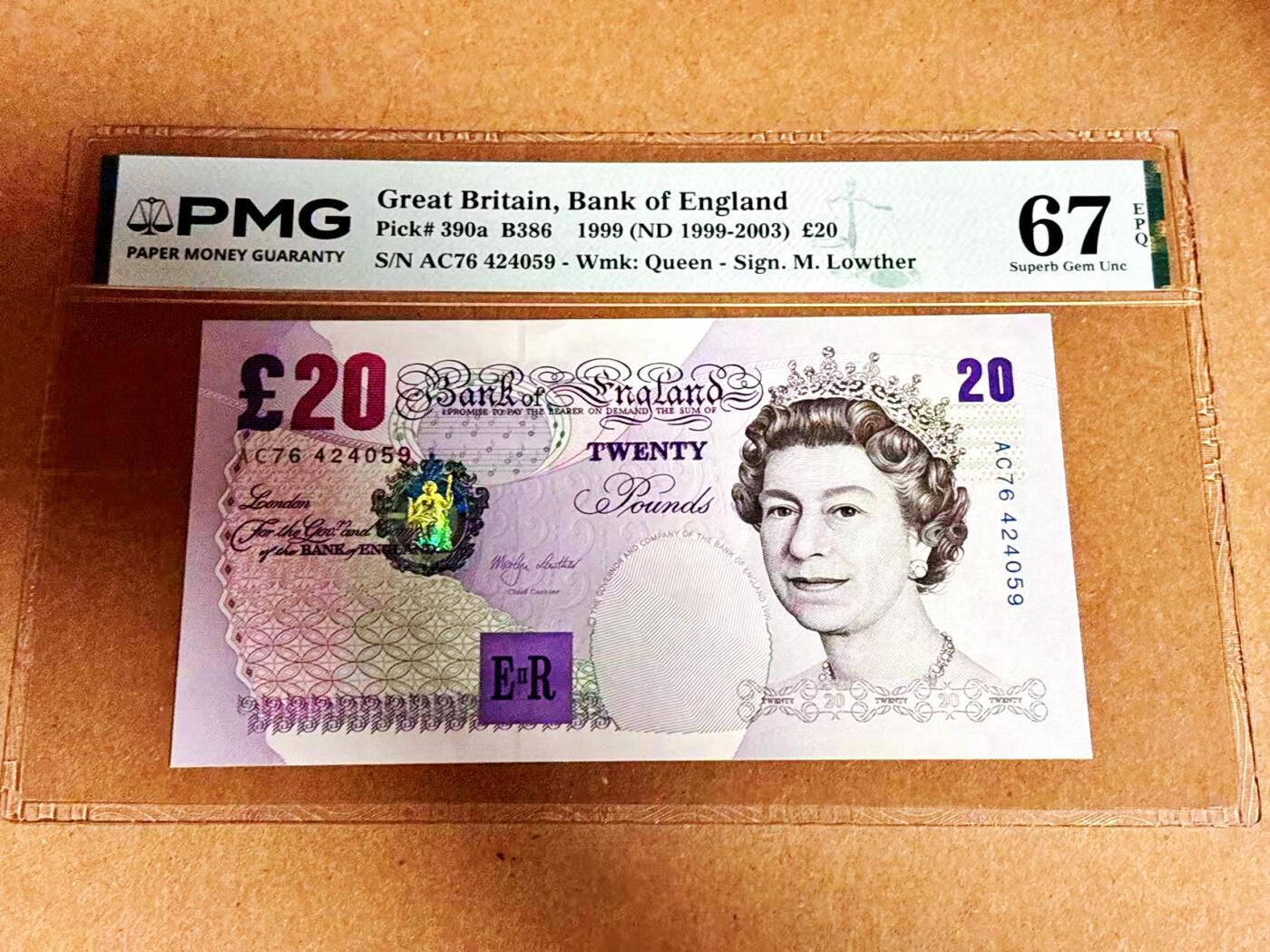 【Blue Auction】世界纸币精拍第792期——18级TOP拍卖/信誉/品质/专业/高效💫 【p390a】英国 1999年20镑 PMG67EPQ 