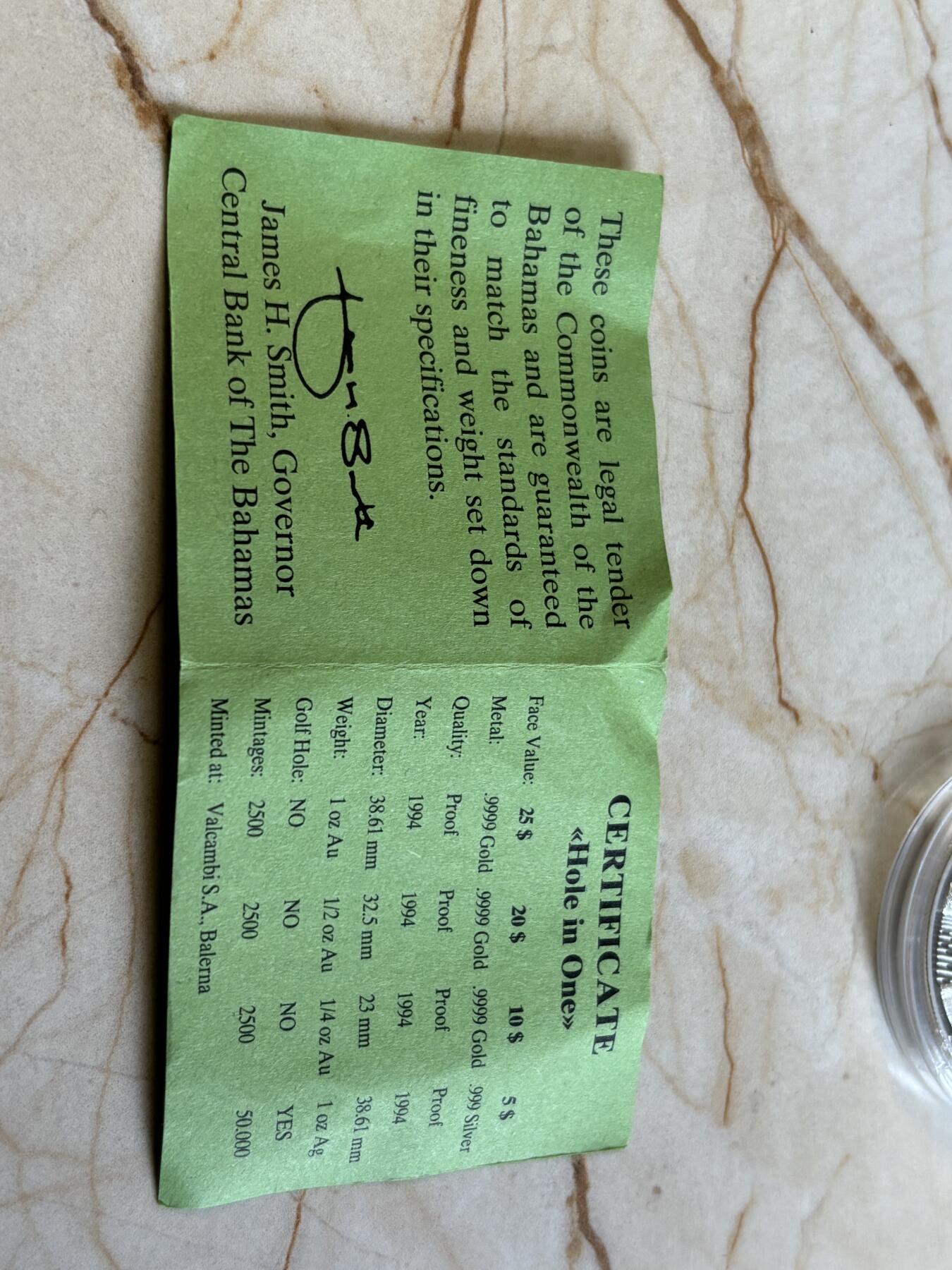 第193期拍卖 获奖巴哈马1994年高尔夫一杆进洞纪念银币带证书，999银，获得克劳斯1996年度最佳创意币大奖