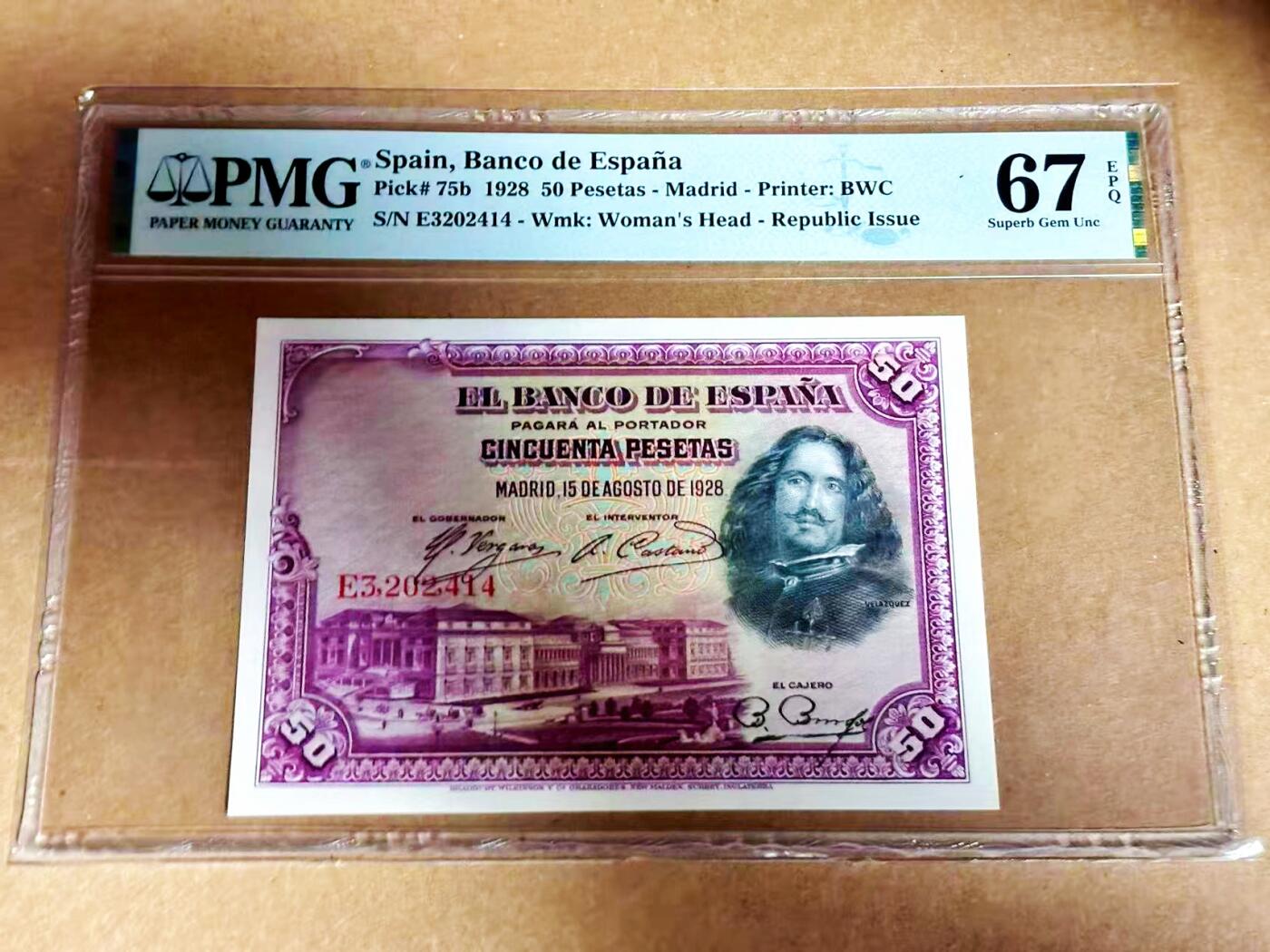 【Blue Auction】世界纸币精拍第792期——18级TOP拍卖/信誉/品质/专业/高效💫 西班牙 1928年50比塞塔 PMG67EPQ 高分