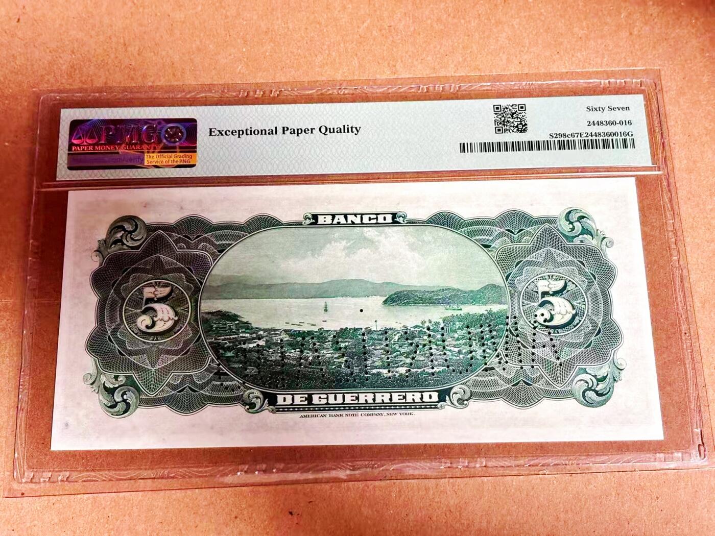 【Blue Auction】世界纸币精拍第792期——18级TOP拍卖/信誉/品质/专业/高效💫  【唯一冠军分】墨西哥1906-14年5比索 果篮女孩 阿卡普尔科港口景色 PMG67EPQ