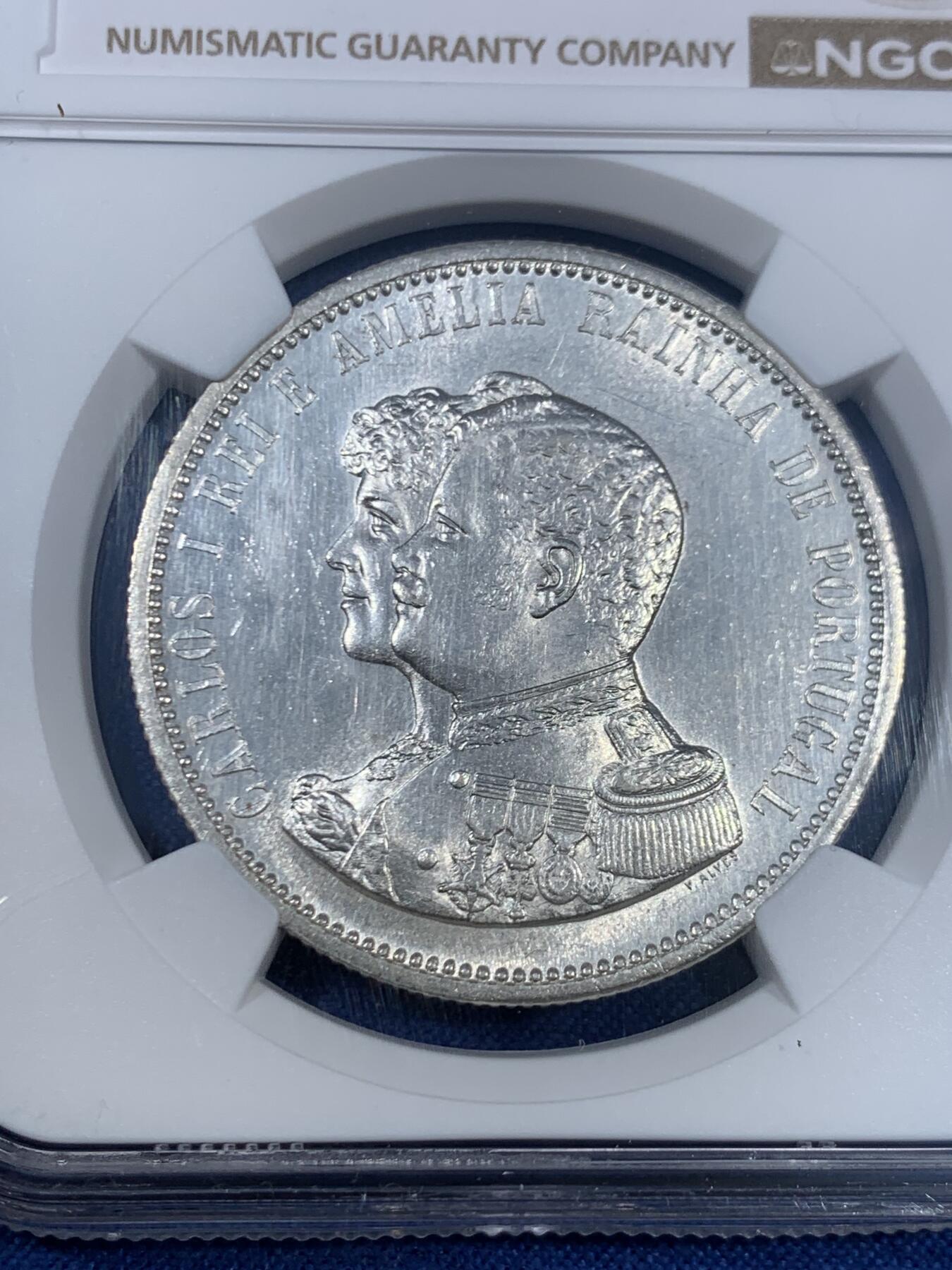 《竞宝斋》第468场 周日，周一 2场连拍 （全场包邮）欢迎送拍 NGC UNC 葡萄牙1898年发现印度纪念1000瑞斯大银币