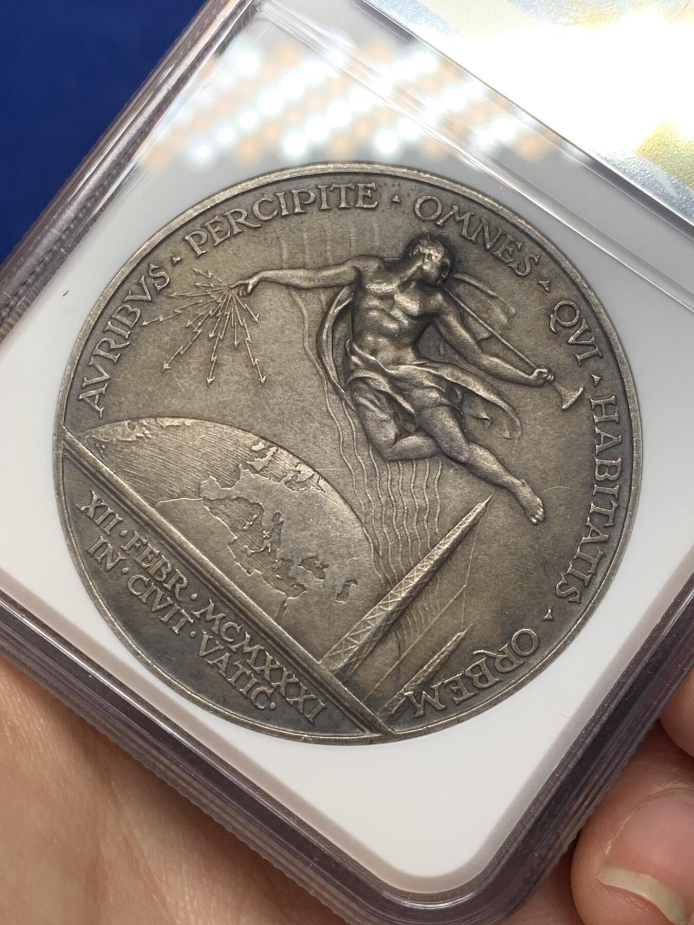 《竞宝斋》第468场 周日，周一 2场连拍 （全场包邮）欢迎送拍 NGC MS63 教皇国1931年庇护十一世纪念银章 加厚盒