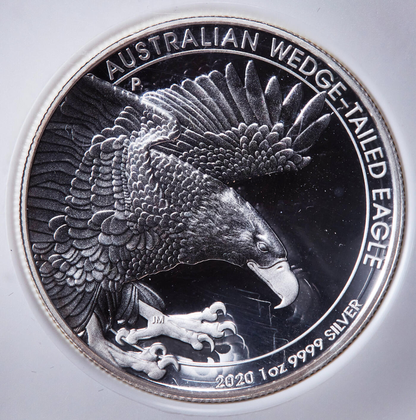 【俄甄集藏】2026年(049)03-18星期三 晚 19:30 全场包邮 澳大利亚2020年珀斯厂楔尾雕曲面1盎司精制1元银币，NGC Gem Proof，特殊标签，重1盎司，999银，发行量5000枚，盒体边缘有小裂，见详图