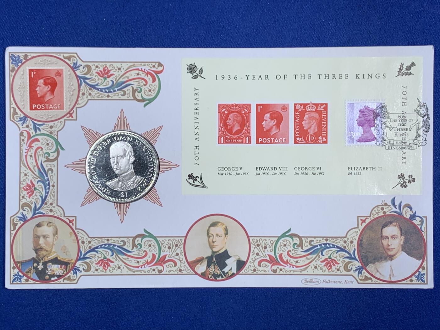 《竞宝斋》第468场 周日，周一 2场连拍 （全场包邮）欢迎送拍 三枚一组 英属维京群岛2006年纪念英国三王之年70周年1元纪念币，邮币封，乔治五世，爱德华八世，乔治六世