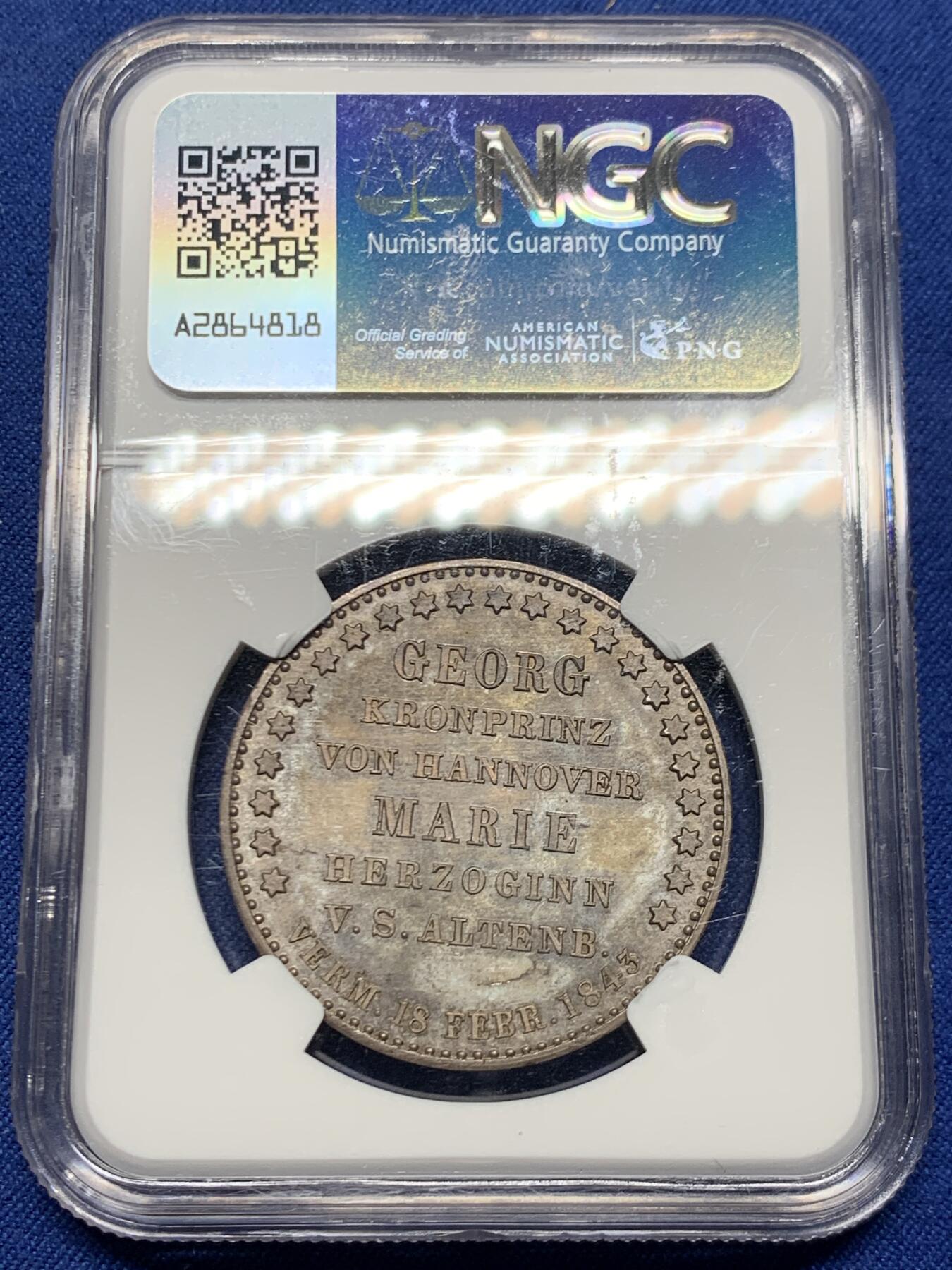 《竞宝斋》第468场 周日，周一 2场连拍 （全场包邮）欢迎送拍 亚军分 NGC MS64 德国 1843 汉诺威王家婚礼纪念泰勒 发行量仅1010枚 可遇不可求的品种 更高分仅一枚