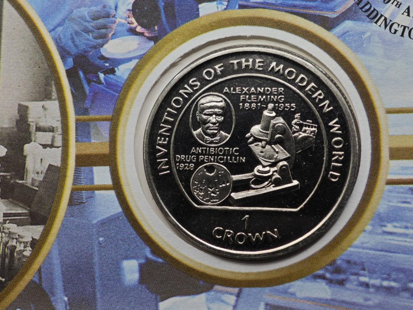  【淘币小摊】限时拍第八百七十八拍   克朗币邮币封场    每周一统一发货 马恩岛1995年现代世界发明-显微镜克朗纪念币邮币封