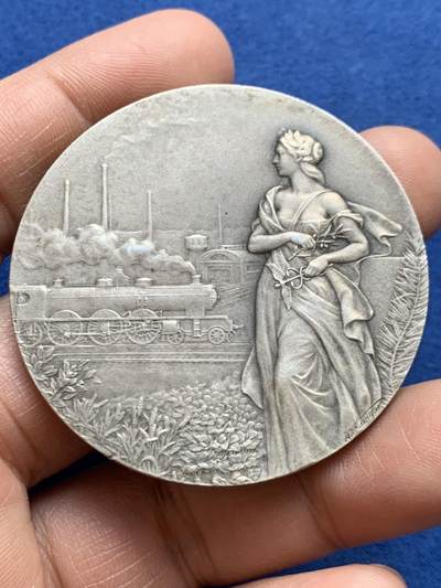 《竞宝斋》第468场 周日，周一 2场连拍 （全场包邮）欢迎送拍 - 法国北方铁路公司大银章 62克 49.6mm 丰饶角2银标 带盒