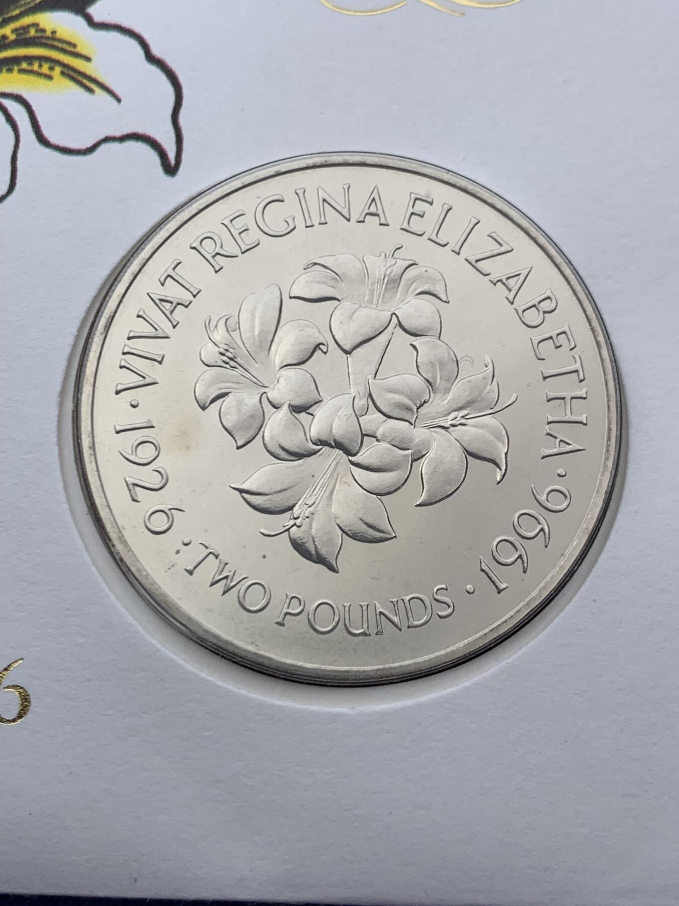 《竞宝斋》第468场 周日，周一 2场连拍 （全场包邮）欢迎送拍 英属泽西岛1996年伊丽莎白女王70周岁2镑纪念币 邮币首日封编号0137