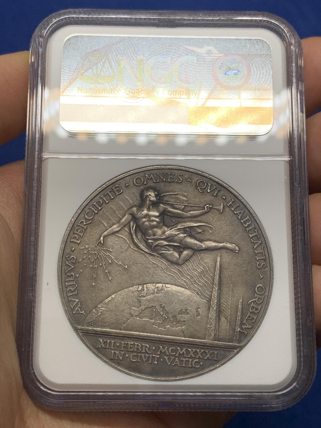 《竞宝斋》第468场 周日，周一 2场连拍 （全场包邮）欢迎送拍 NGC MS63 教皇国1931年庇护十一世纪念银章 加厚盒