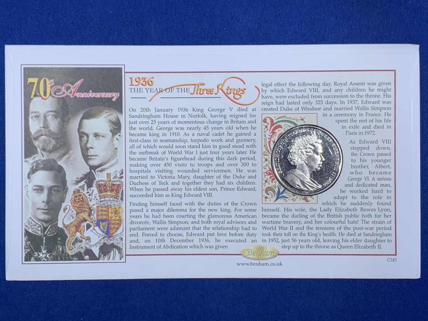 《竞宝斋》第468场 周日，周一 2场连拍 （全场包邮）欢迎送拍 三枚一组 英属维京群岛2006年纪念英国三王之年70周年1元纪念币，邮币封，乔治五世，爱德华八世，乔治六世