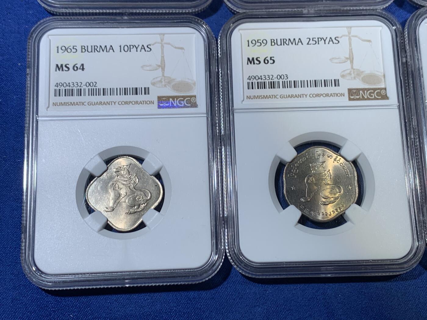 《竞宝斋》第468场 周日，周一 2场连拍 （全场包邮）欢迎送拍 六枚一组 NGC MS62-MS65 缅甸共和国第二版麒麟币，全套6个面值，流通品种高分难得。