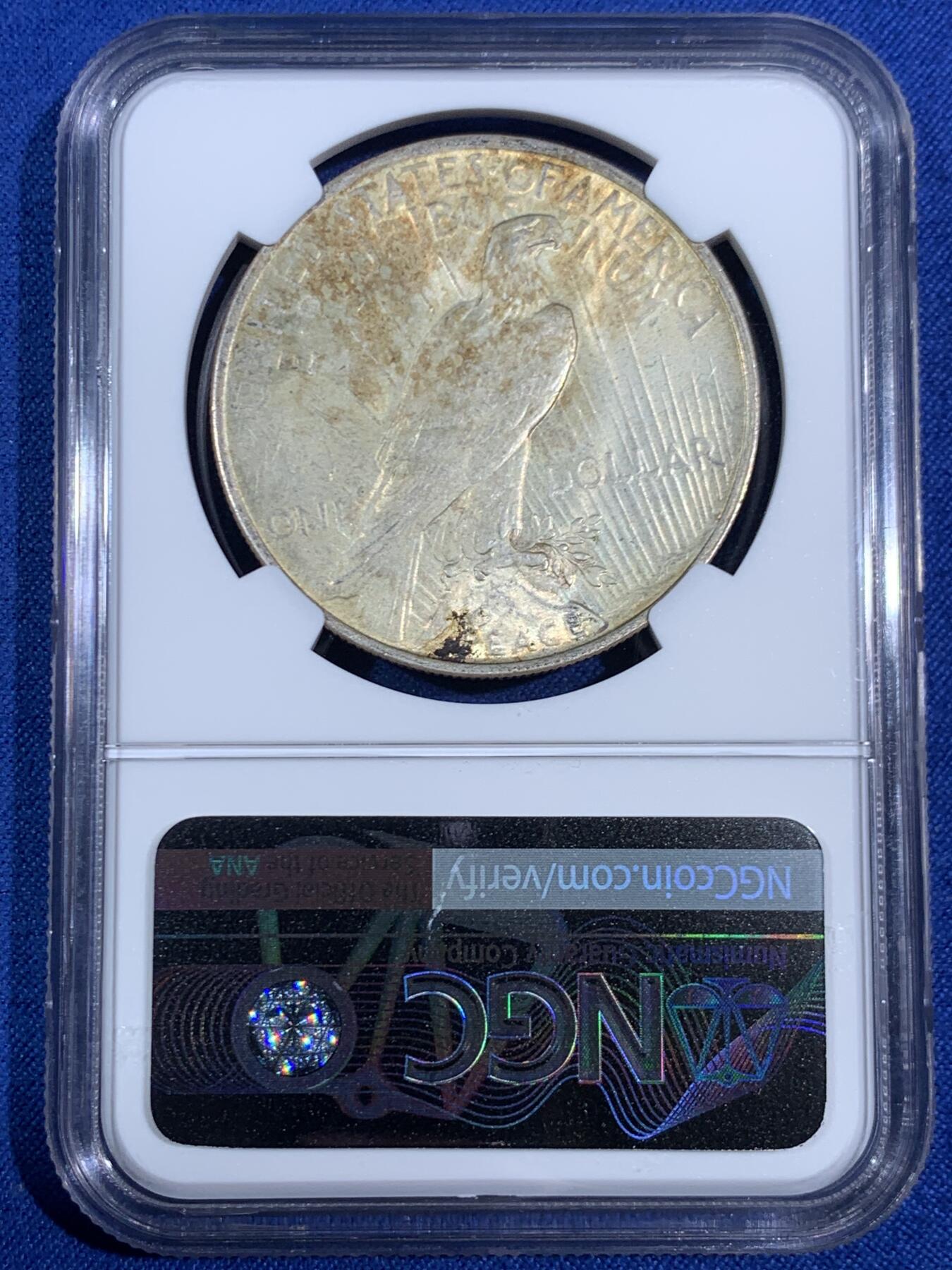 《竞宝斋》第468场 周日，周一 2场连拍 （全场包邮）欢迎送拍 NGC MS62 美国1922和平1美元银币 正反带有均匀黄油包浆 观感很不错