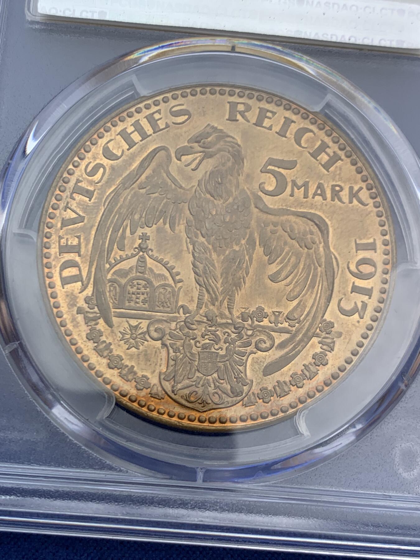 《竞宝斋》第468场 周日，周一 2场连拍 （全场包邮）欢迎送拍 PCGS SP64RB 德国1913年巴伐利亚5马克铜样币，卡尔哥茨出品，大师经典品种。底板镜面感十足，展翅鹰威武霸气，充分展现了德国的精湛工艺。稀少德系主币大铜样，仍富潜力的品种