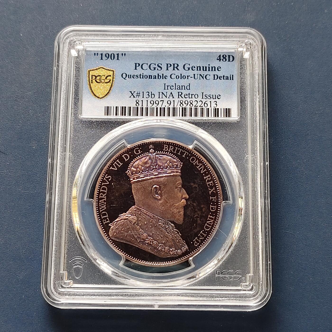 【全场包邮】纯粹捡漏拍511场 【罕见·紫罗兰包浆】爱尔兰1901年爱德华七世48便士精制COPPER铜币（X13b）-量425-PCGS UNC DETAIL