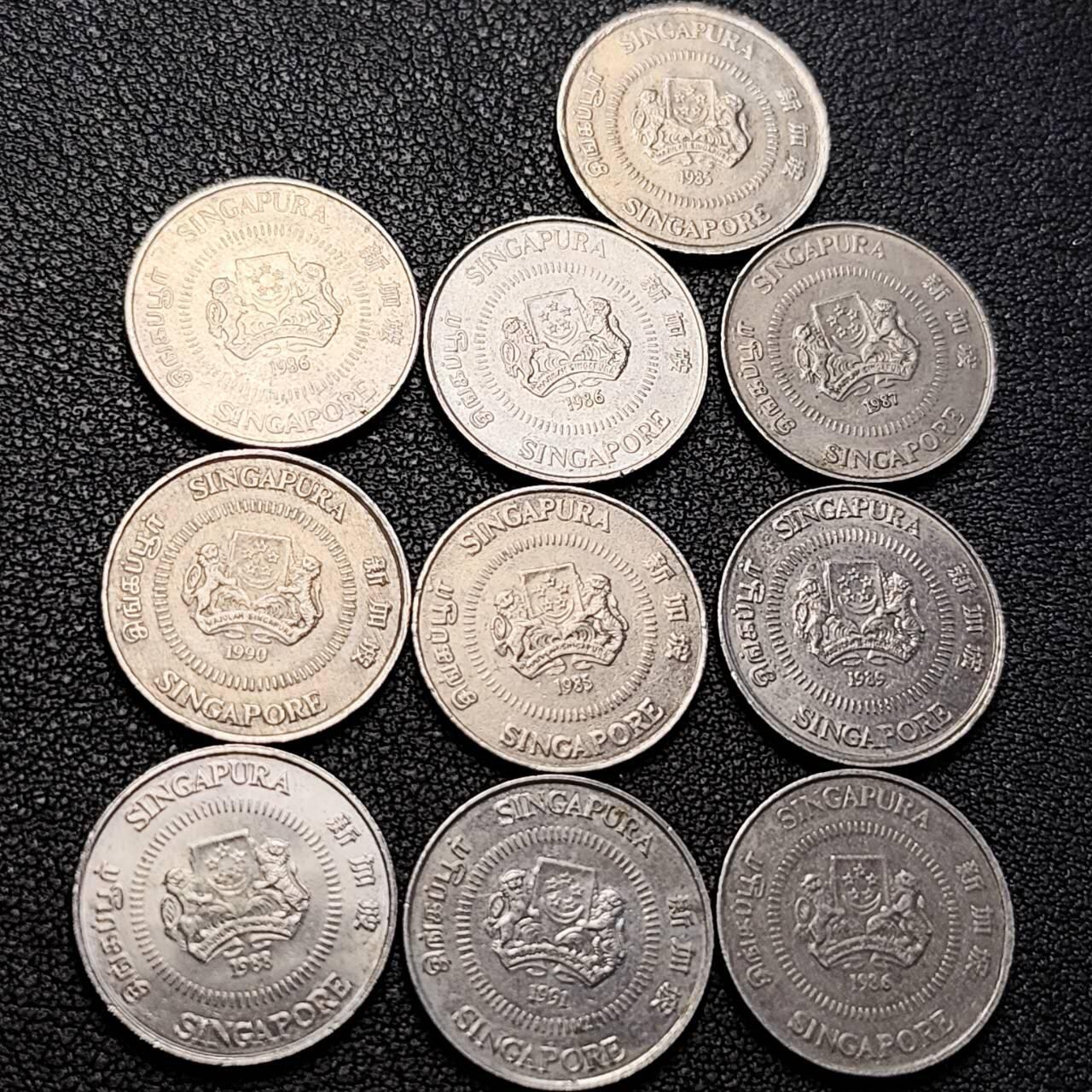 泉币菌-第205场-拍品多 请提前出价 10枚 高币值一组 新加坡 10仙镍币 络石花 混合年份未挑