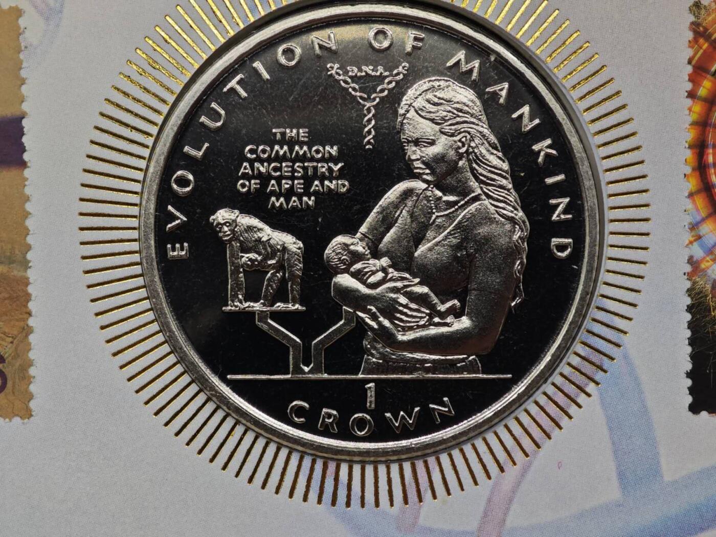  【淘币小摊】限时拍第八百七十八拍   克朗币邮币封场    每周一统一发货 直布罗陀1996年人类进化猿与人共同祖先克朗纪念币邮币封