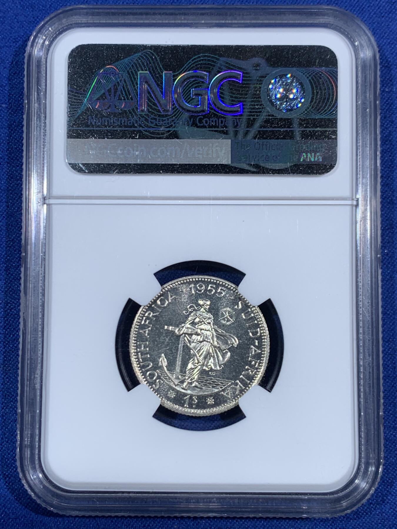 《竞宝斋》第468场 周日，周一 2场连拍 （全场包邮）欢迎送拍 NGC PF65 南非1955年1先令精制银币