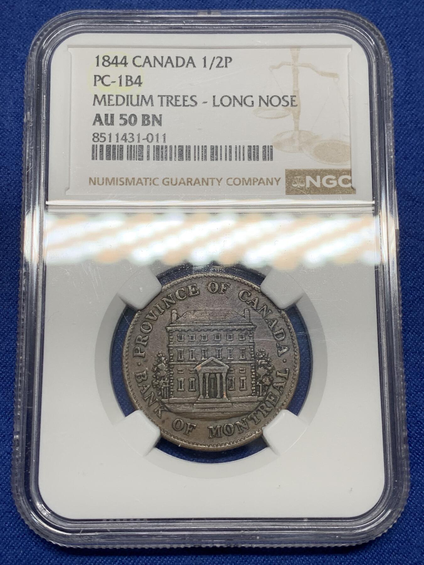 《竞宝斋》第468场 周日，周一 2场连拍 （全场包邮）欢迎送拍 NGC AU50BN 加拿大蒙特利尔半便士铜币，经典品种，AU状态不错